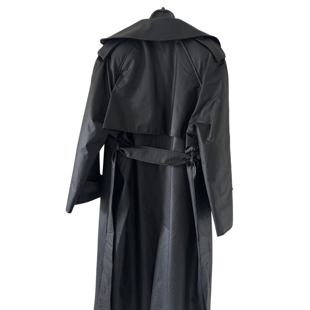 Black Faux Leather Trench Coat Women Long Belted Classic Jacket Stylish - Picture 9 of 12